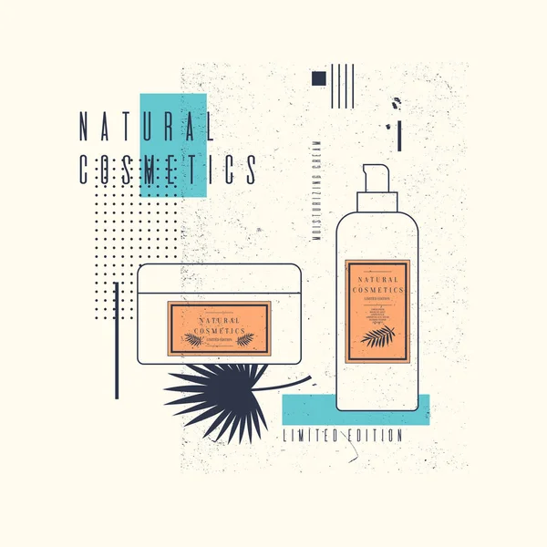 Ilustración vectorial de frascos, tubos para cosmética natural sobre fondo abstracto con hoja de palma — Vector de stock