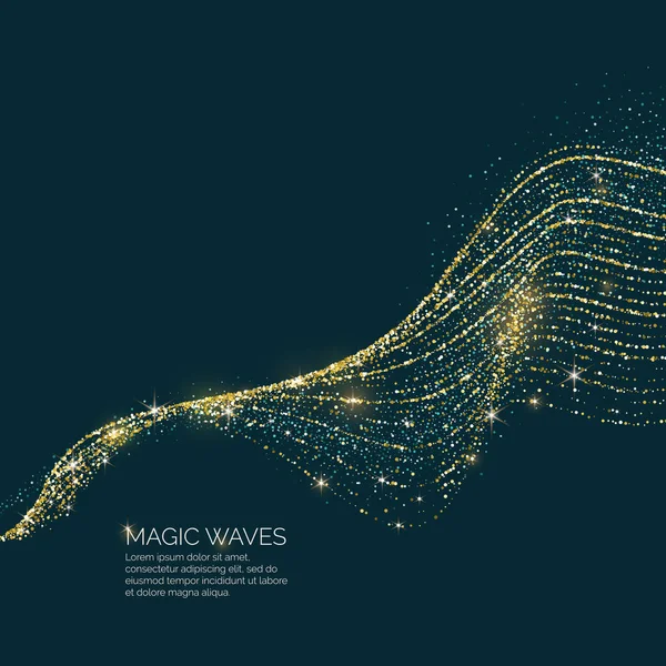 Ilustração vetorial de uma onda mágica com partículas brilhantes de brilho sobre um fundo escuro. Conceito abstrato —  Vetores de Stock