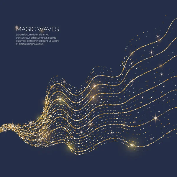 Ilustración vectorial de una onda mágica con partículas brillantes de brillo sobre un fondo oscuro. Concepto abstracto — Vector de stock
