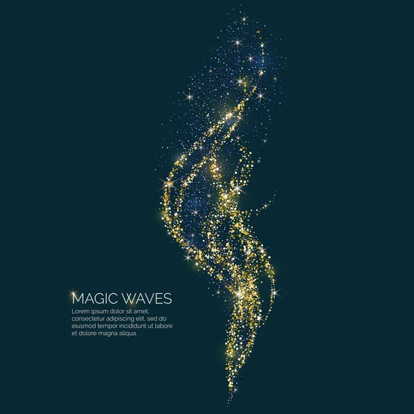 Ilustración vectorial de una onda mágica con partículas brillantes de brillo sobre un fondo oscuro. Concepto abstracto — Archivo Imágenes Vectoriales