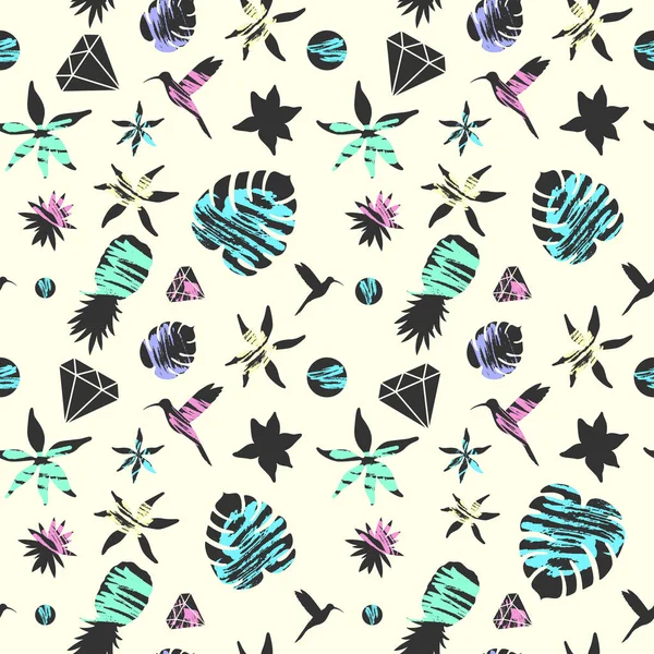 Helle Sommermode nahtloses Muster mit tropischer Flora und Vögeln im einfachen flachen Stil. Vektorillustration — Stockvektor