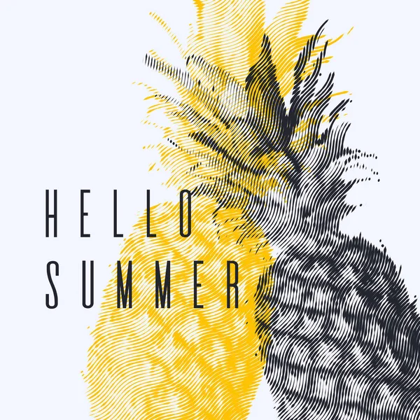 Cartaz moderno na moda com abacaxi, Olá verão. Fruta tropical sobre fundo branco — Vetor de Stock