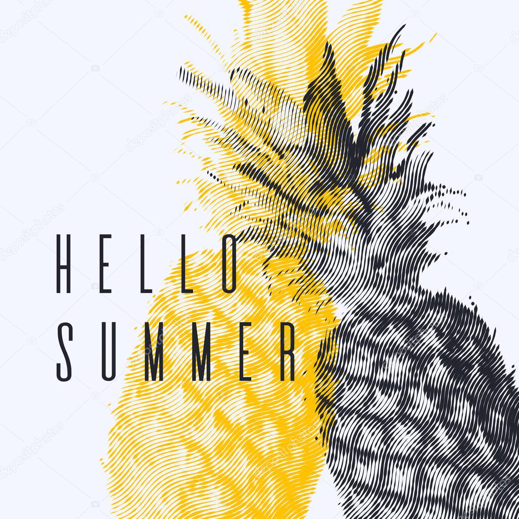 Fashionable modern poster with pineapple, Hello summer. Tropical fruit on white background