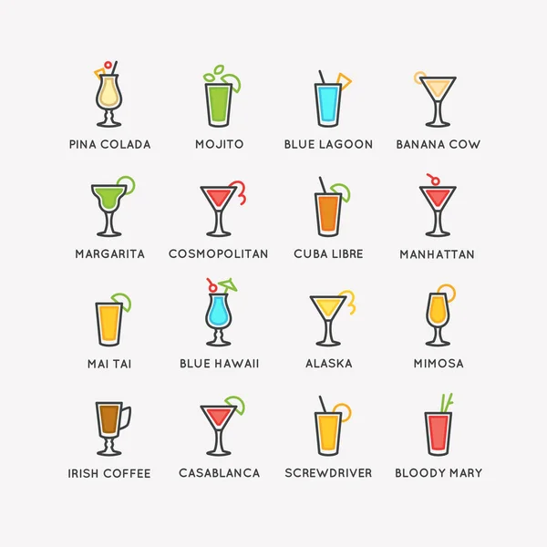 Illustration för barmeny ställa alkoholhaltiga drinkar. Vector linjär ritning av en Drink på bakgrund. — Stock vektor