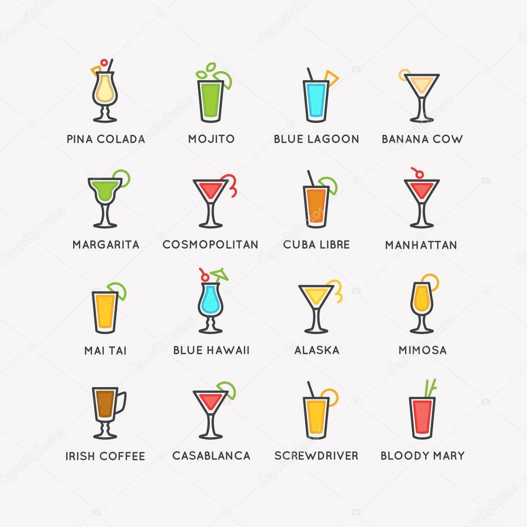 Illustration for bar menu set alcoholic cocktails. Vector linear drawing of a Drink on background.