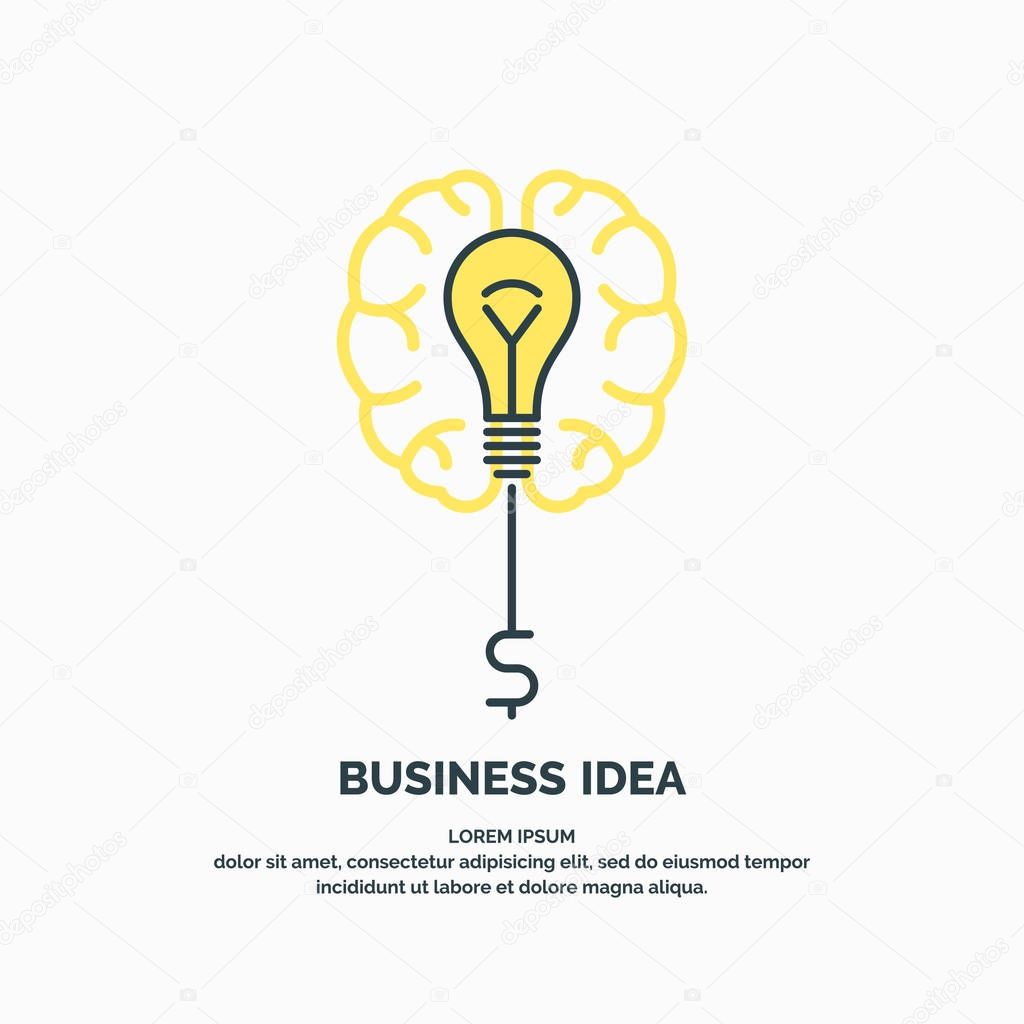 Bright colorful poster business idea with brain and lamp. Vector illustration in a minimalistic style.