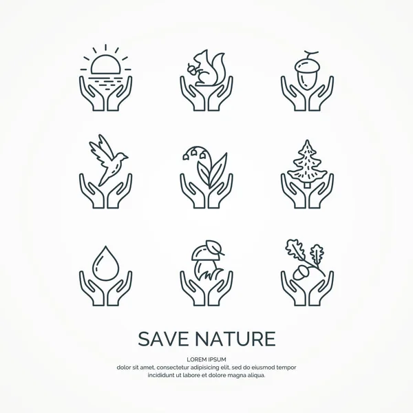 Zapisz nature. Zestaw liniowy lasu ikon. Wektor zwierzęta i rośliny. — Wektor stockowy