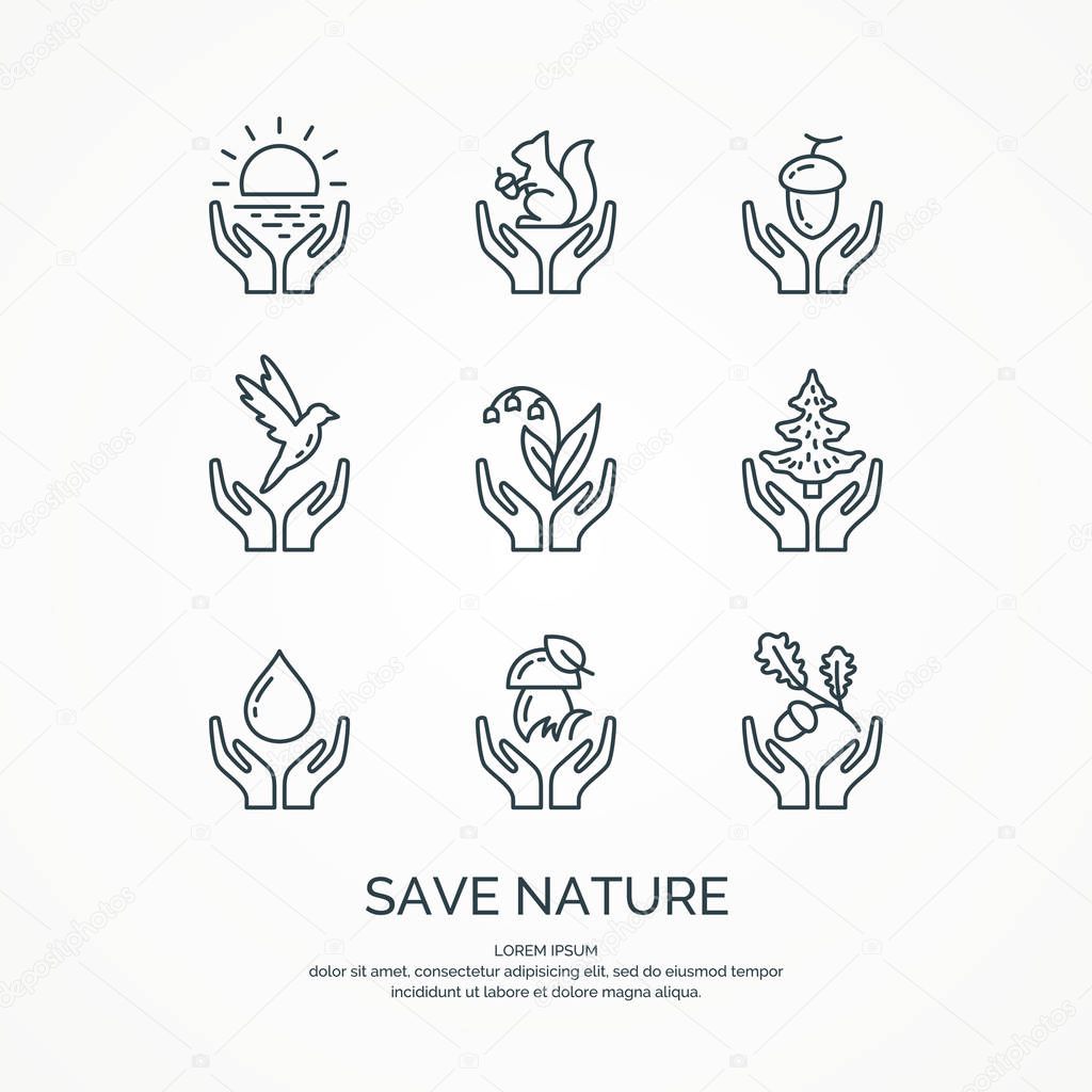 Save nature. The set of linear forest of icons. Vector animals and plants.