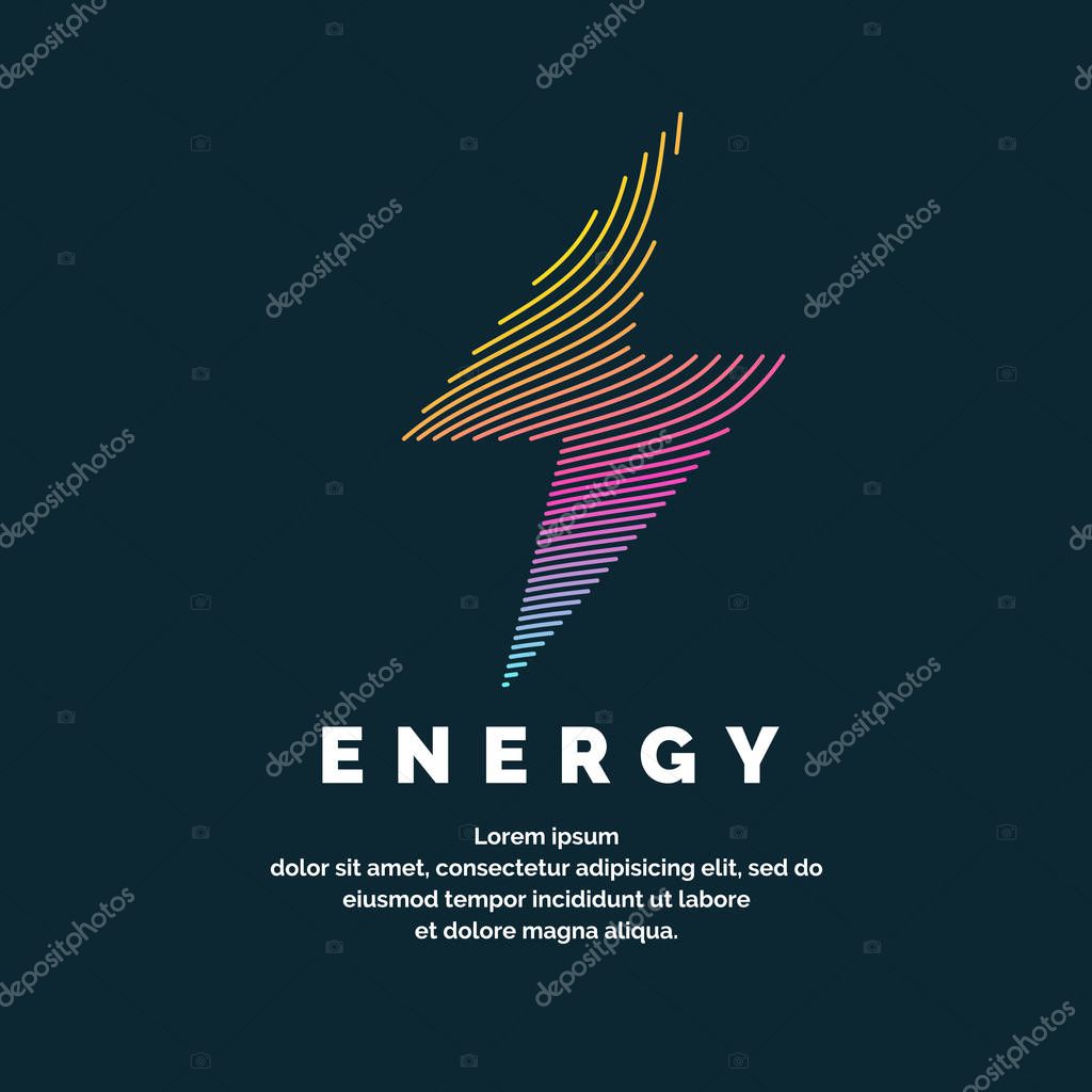 The sign of the energy. The colored zipper of the dynamic lines on a dark background. Bright vector illustration