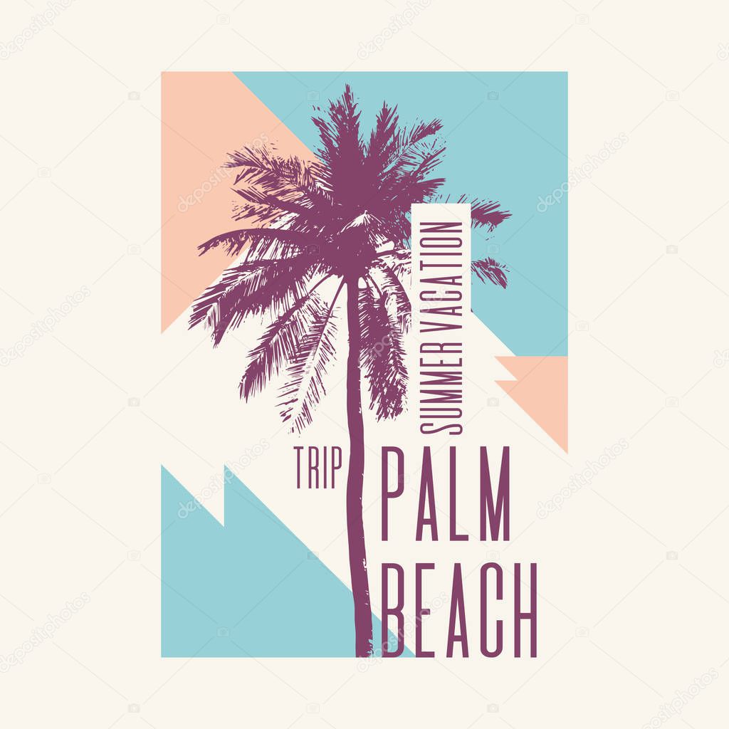 Vintage poster with palm tree and geometric shapes.