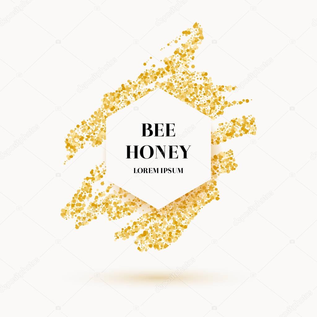 Bee honey label and poster with gold glitter.