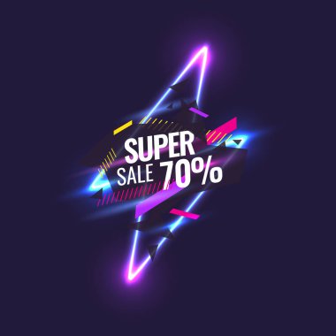 En iyi satış afişi. İndirim için orijinal poster. Geometrik şekiller ve neon parlamaları koyu bir arkaplan üzerinde.