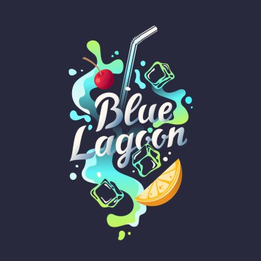 Alkol kokteyl Blue Lagoon için etiket yazı Modern elle çizilmiş. Düzen ve şablon için el yazısı yazıtlar.