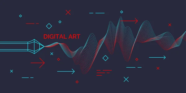 Cartel moderno Arte digital. Formas abstractas y ondas dinámicas sobre fondo oscuro . — Vector de stock