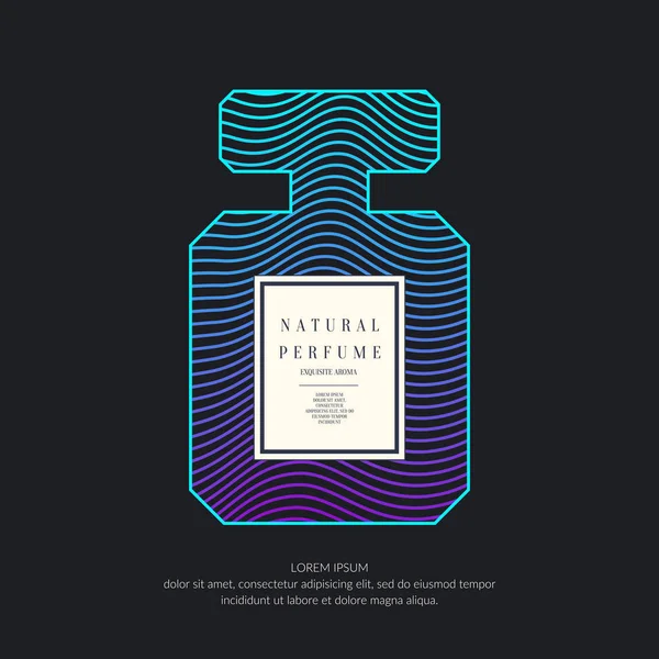 Бутылка духов с динамическими линиями и волнами. Яркий современный плакат для рекламы и продажи аромат . — стоковый вектор