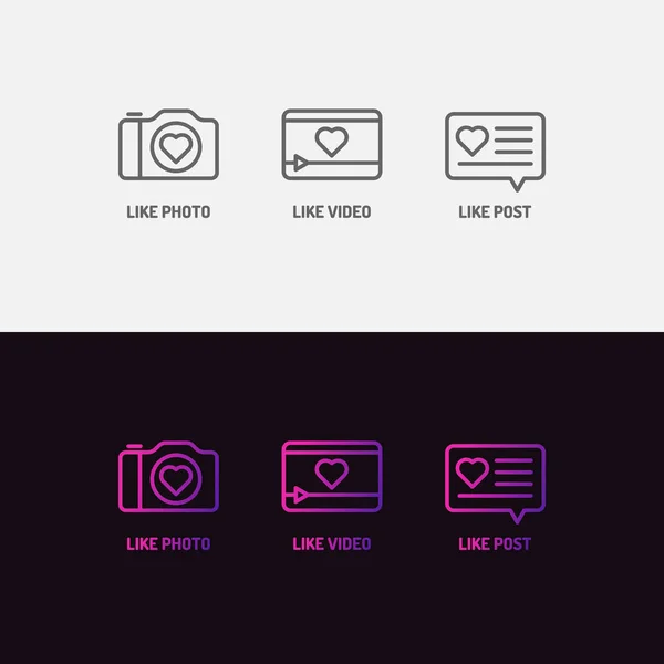 Sosyal ağlar için simgeler. Fotoğraflar ve videolar için işaret. Bir günlük için ögeler. — Stok Vektör