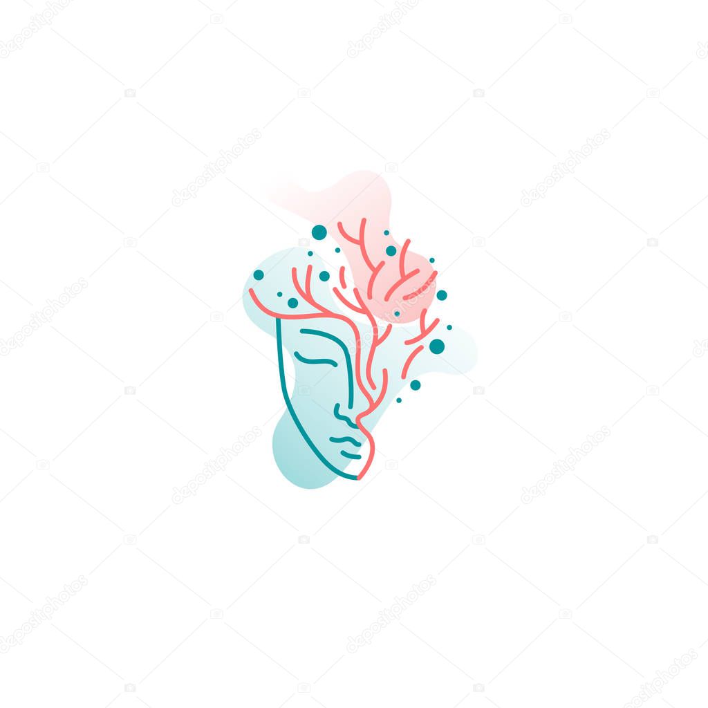 Illustration for natural cosmetics. Image of the girls head. Conceptual line graphics. Vector sign and emblem.