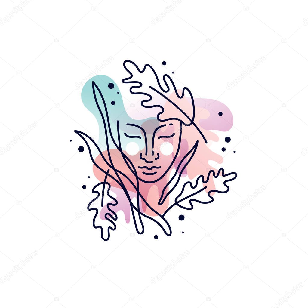 Illustration for natural cosmetics. Image of the girls head. Conceptual line graphics. Vector sign and emblem.
