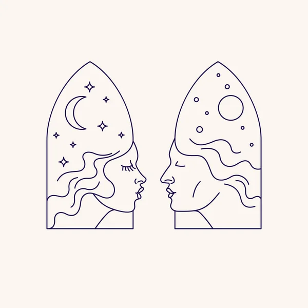 Logo élégant avec une photo de profil d'une jeune fille et d'un homme. Un couple amoureux se regarde . . — Image vectorielle