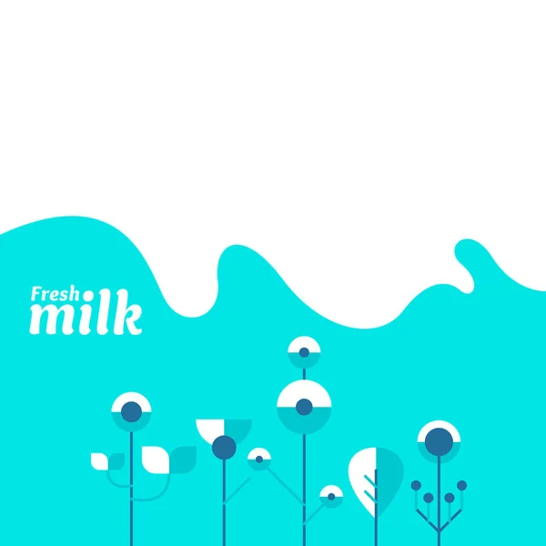 Moderno cartel de leche fresca con salpicaduras sobre un fondo azul claro. Ilustración vectorial — Vector de stock