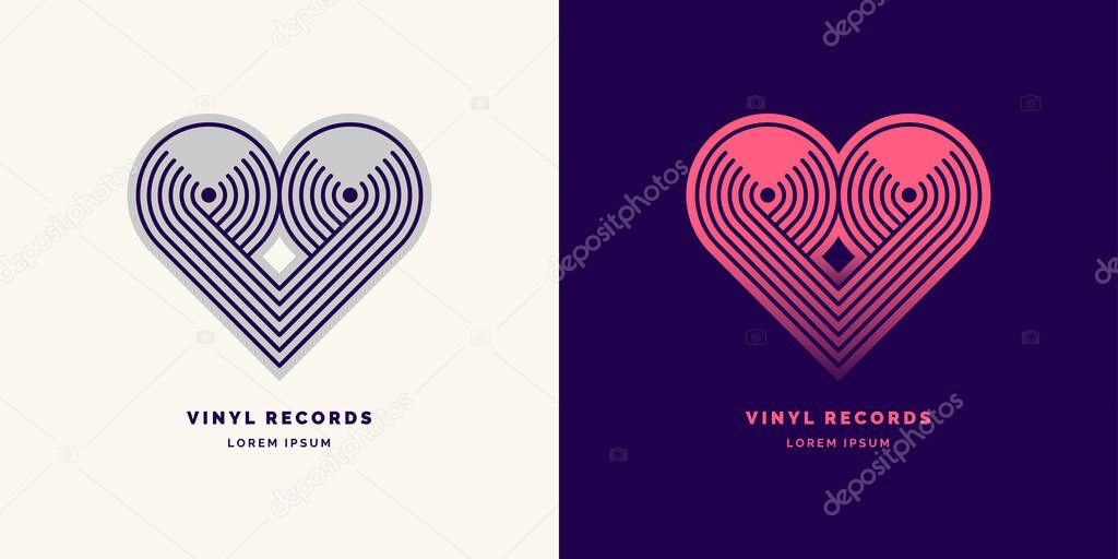 Emblem of the Vinyl record. Linear sign. Vector illustration music on grey background.