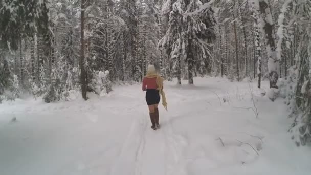 Glückliche junge Frau spielt mit Schnee — Stockvideo