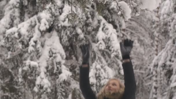 Gelukkig jonge vrouw spelen met sneeuw — Stockvideo