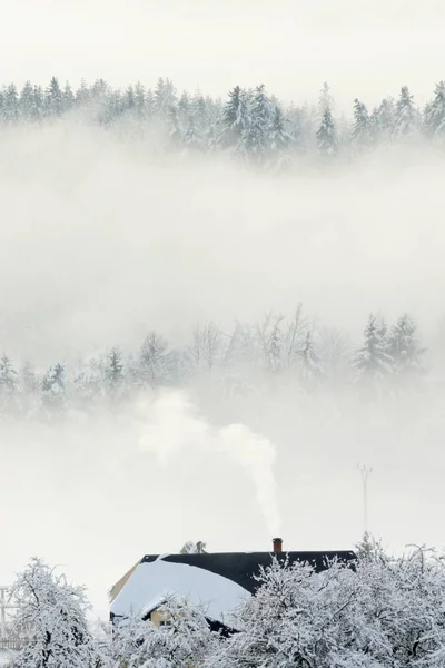 Casa Campo Inverno Manhã Enevoada — Fotografia de Stock