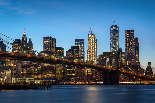 Illuminated Lower Manhattan with Brooklyn Bridge, New York City, United States of America