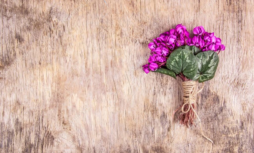 Ramo Flores Primavera Sobre Fondo Madera Delicadas Violetas Tablero