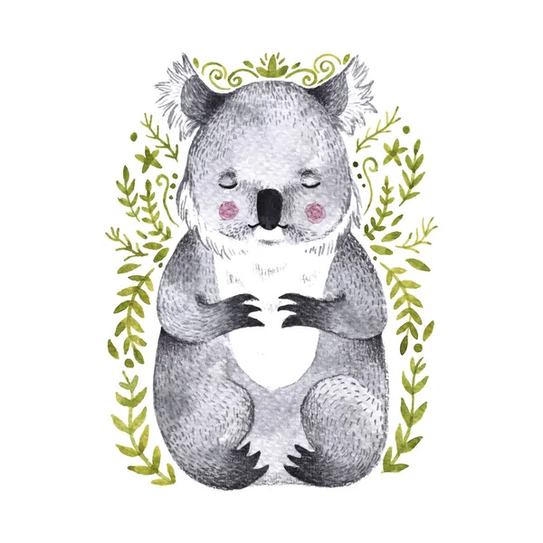 Akvarelu koala. Ručně kreslené ilustrace medvěd s větvemi — Stockový vektor