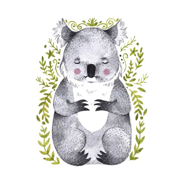 Suluboya koala. Elle çizilmiş ayı illüstrasyon dalları ile