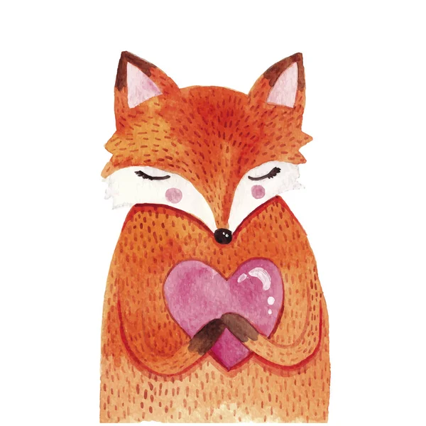 Watercolor cute fox with heart — Stock Vector