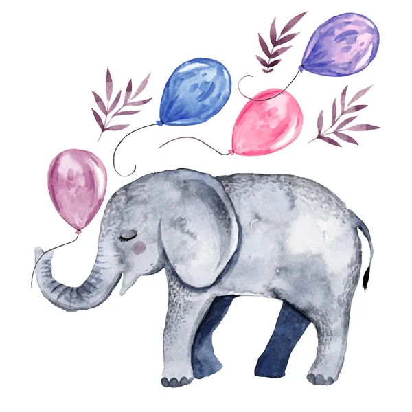 Симпатична ілюстрація з дитячим слоном і повітряними кулями — стоковий вектор