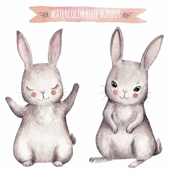 Cute bunny watercolor set. — Stock Vector