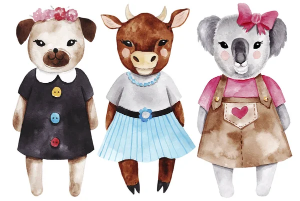 Conjunto com garotinhas de animais. Moda aquarela ilustrações bonitos . — Vetor de Stock