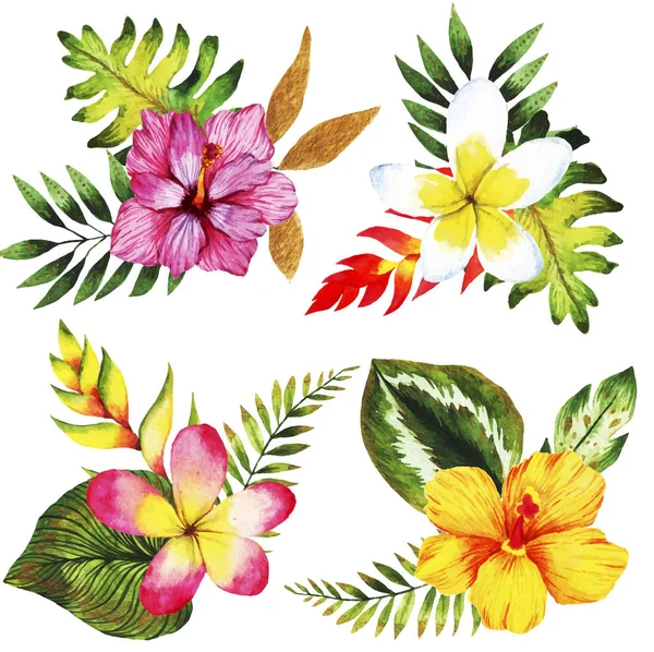 Aquarell mit tropischen Blättern und Blumen, Sträußen. — Stockvektor