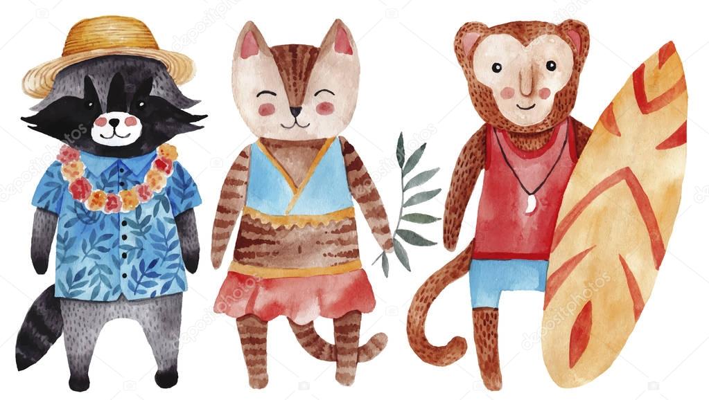 Cute watercolor illustration with cat, raccoon and monkey in summer style. Perfect for postcards, stickers , t-shirts and other. Hand drawn animals.
