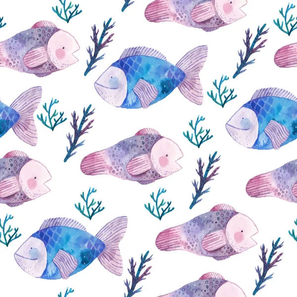 Aquarel naadloze patroon met vissen en zeewier — Stockvector