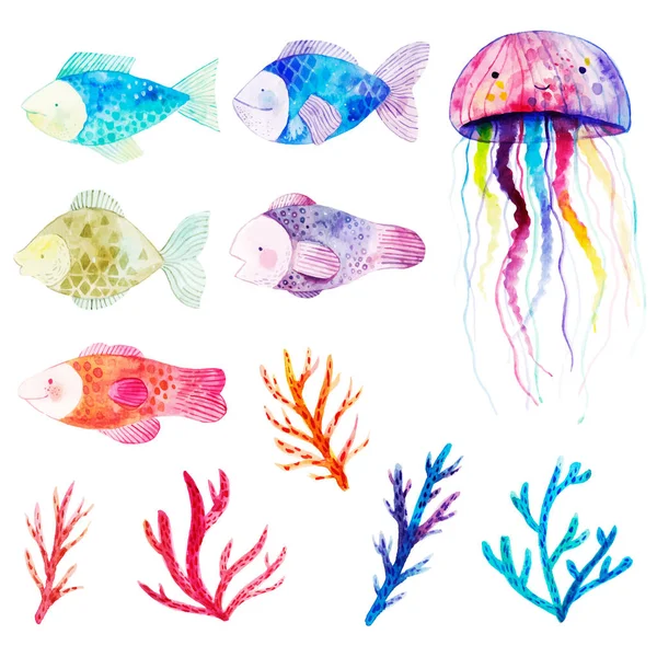 Conjunto de aquarela com peixes, algas marinhas, corais e medusas . —  Vetores de Stock