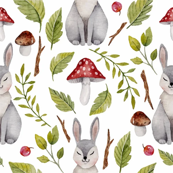 Aquarelle motif sans couture avec lièvre ou lapin, champignons et autres plantes . — Image vectorielle