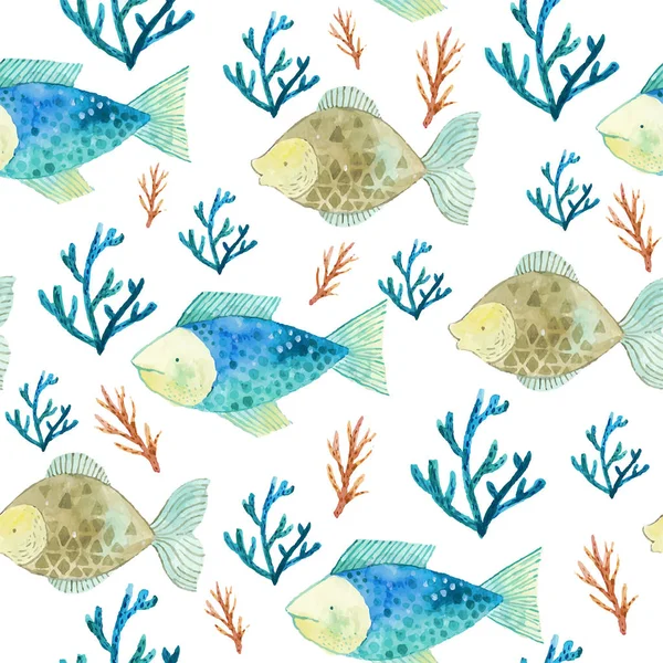 Aquarell nahtloses Muster mit Fischen und Algen — Stockvektor