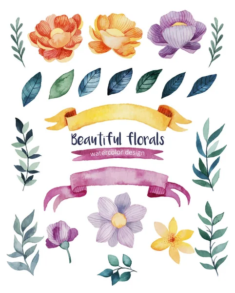Handgezeichnetes Aquarell-Vektorset mit hellen Blumen, Pflanzen und Bändern. — Stockvektor