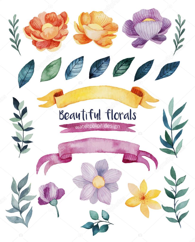Hand drawn watercolor vector set with bright flowers,plants and ribbons.