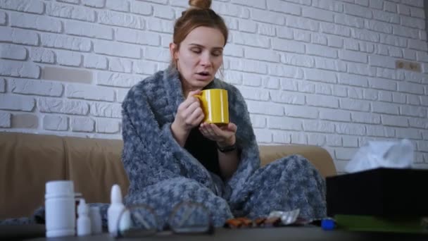 Sick Beautiful Woman Colds Drinks Hot Tea Lemon Sitting Sofa — Stock Video