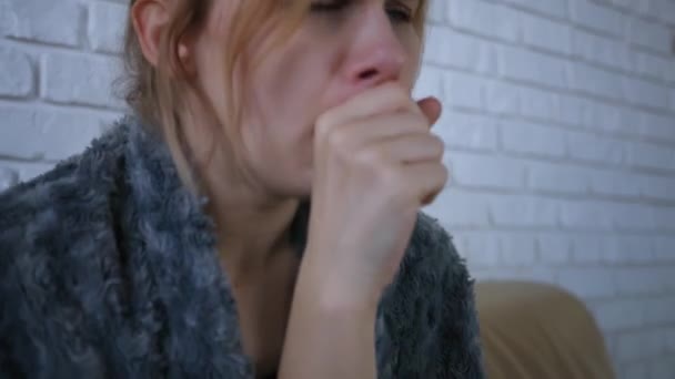 Portrait Ill Young Woman Home Young Woman Coughing Bedroom Close — Stock Video