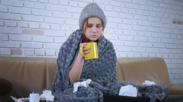 Young Caucasian Woman Get Cold Feel Better Tafter Drink Hot — Stock Video