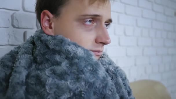 Covered Grey Plaid Young Caucasian Man Freezing Feeling Cold Home — Stock Video