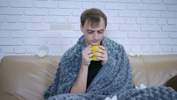 Sick Beautiful Man Colds Drinks Hot Tea Lemon Sitting Sofa — Stock Video