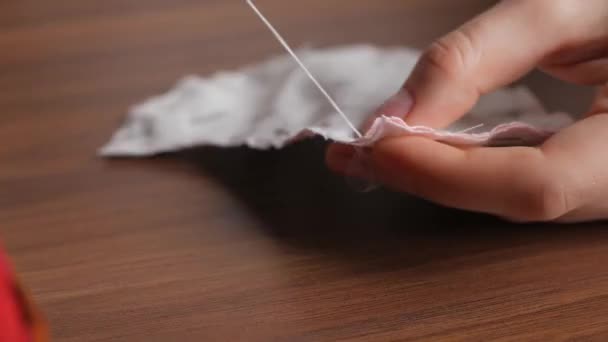 Hands Young Woman Sewing Thimble White Cotton Fabric Night House — Stock Video